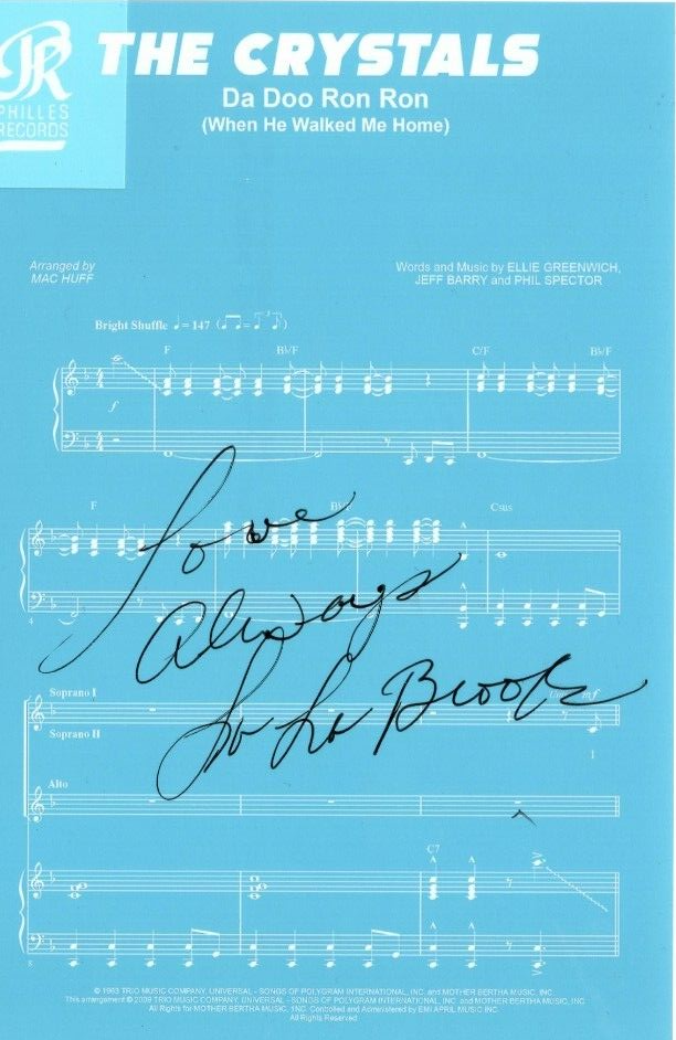 DELORES LALA BROOKS THE CRYSTALS SIGNED 4×6 DA DOO RON RON SHEET MUSIC COA
 COLLECTIBLE MEMORABILIA