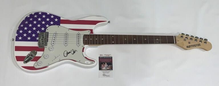 DONNIE IRIS SIGNED USA FLAG ELECTRIC GUITAR CRUISERS PITTSBURGH JSA COA
 COLLECTIBLE MEMORABILIA