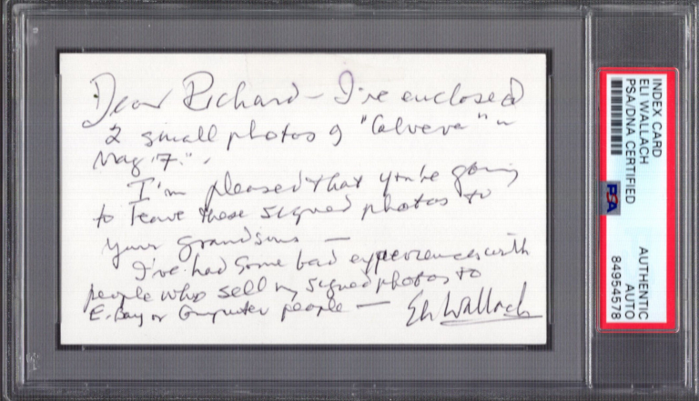 ELI WALLACH HAND SIGNED+HAND WRITTEN 3×5 NOTE GREAT CONTENT PSA SLABBED
 COLLECTIBLE MEMORABILIA