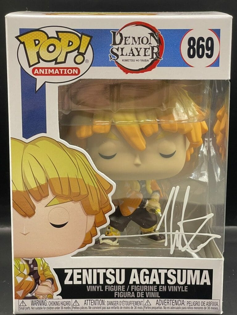 FUNKO POP! DEMON SLAYER ZENITSU AGATSUMA #869 ALEKS LE SIGNED WITH JSA COA
 COLLECTIBLE MEMORABILIA