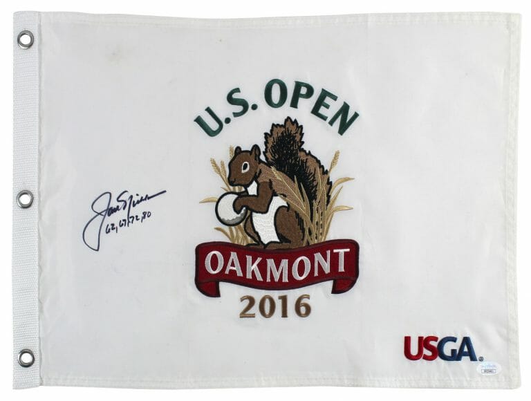 JACK NICKLAUS “62, 67, 72, 80” SIGNED 2016 U.S. OPEN PIN FLAG JSA #XX33461
 COLLECTIBLE MEMORABILIA