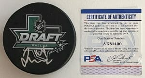 JARED MCISSAC SIGNED AUTOGRAPHED 2018 DRAFT LOGO HOCKEY PUCK RED WINGS PSA/DNA
 COLLECTIBLE MEMORABILIA
