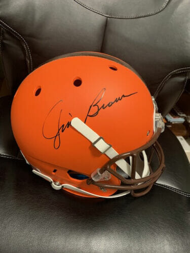 JIM BROWN HAND SIGNED FULL SIZE BROWNS SCHUTT HELMET JSA LETTER+JSA WITNESS
 COLLECTIBLE MEMORABILIA