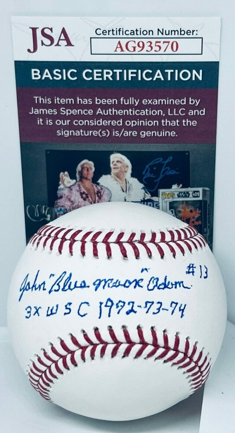 JOHN BLUE MOON ODOM ATHLETICS A’S SIGNED MLB BASEBALL BALL 3X W.S. INSCRIP JSA
 COLLECTIBLE MEMORABILIA