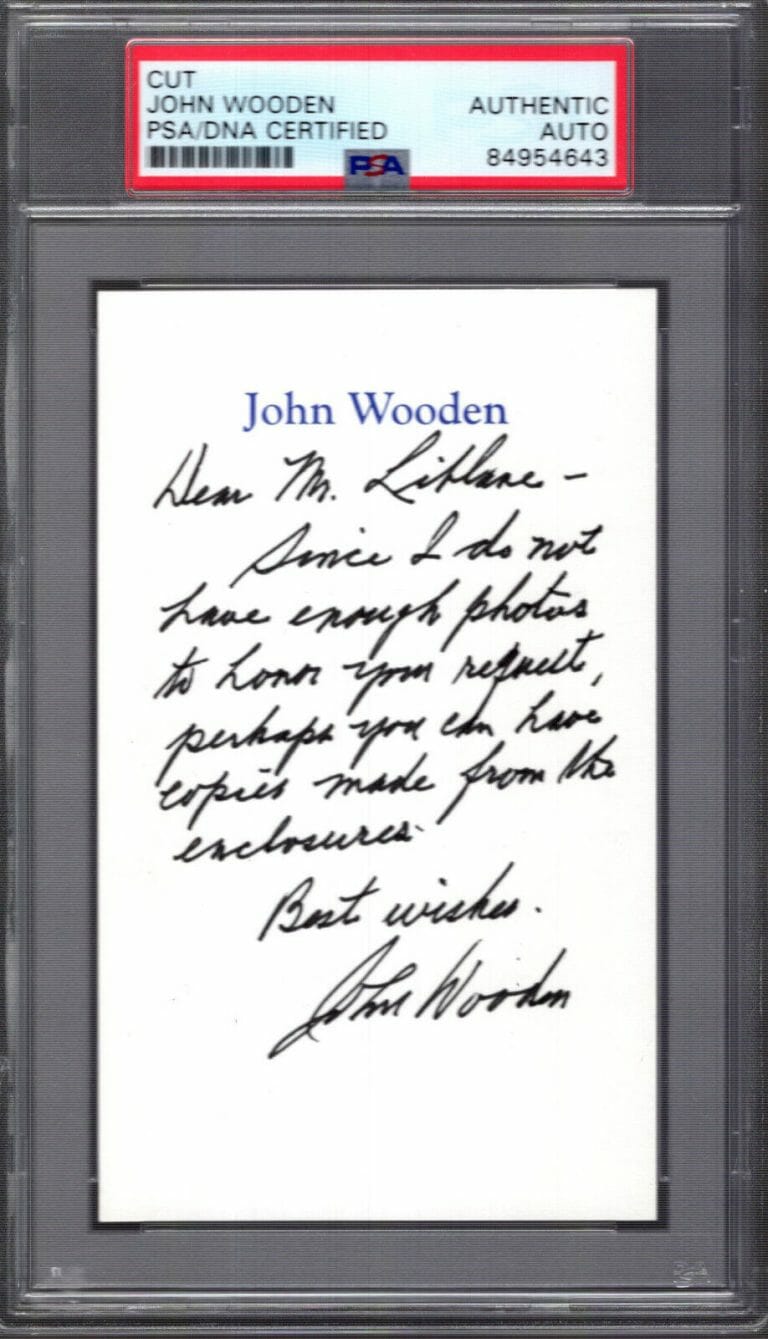 JOHN WOODEN HAND SIGNED+HAND WRITTEN 3×5 NOTE UCLA COACH PSA SLABBED
 COLLECTIBLE MEMORABILIA
