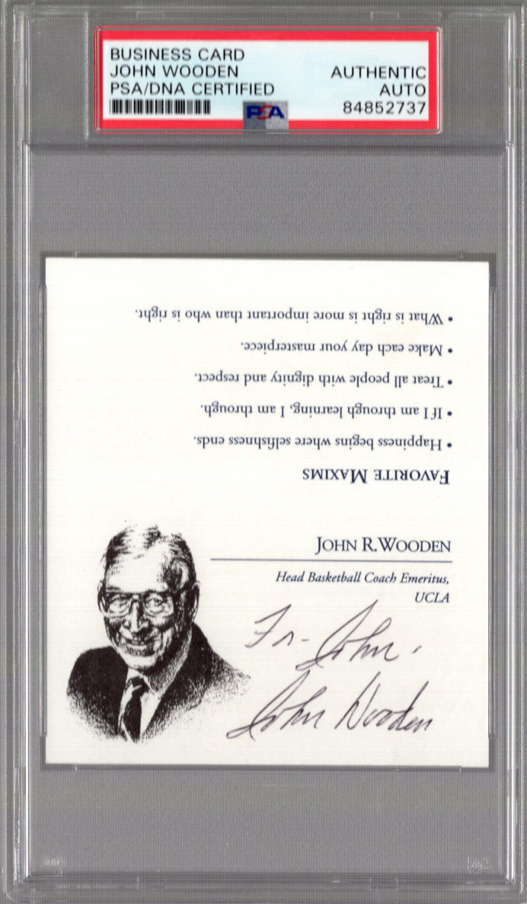 JOHN WOODEN HAND SIGNED PYRAMID OF SUCCESS BUSINESS CARD TO JOHN PSA SLAB
 COLLECTIBLE MEMORABILIA