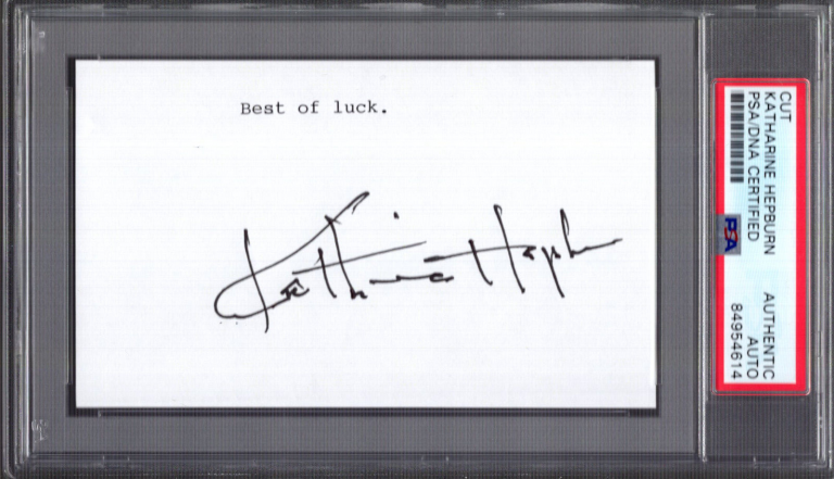 KATHARINE HEPBURN HAND SIGNED 3×5 CUT BEST OF LUCK PSA SLABBED
 COLLECTIBLE MEMORABILIA