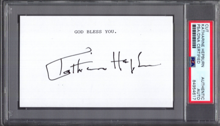 KATHARINE HEPBURN HAND SIGNED 3×5 CUT GOD BLESS YOU PSA SLABBED
 COLLECTIBLE MEMORABILIA
