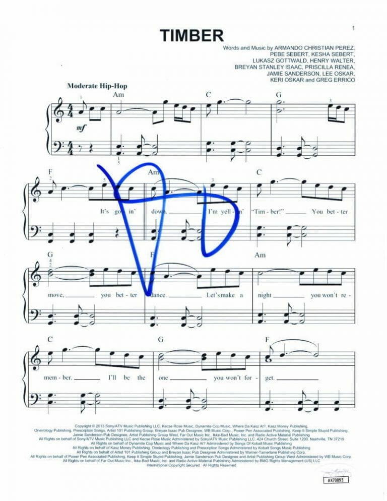 KESHA ROSE SEBERT KE$HA SIGNED AUTOGRAPH TIMBER SHEET MUSIC – WARRIOR W/ JSA COA
 COLLECTIBLE MEMORABILIA
