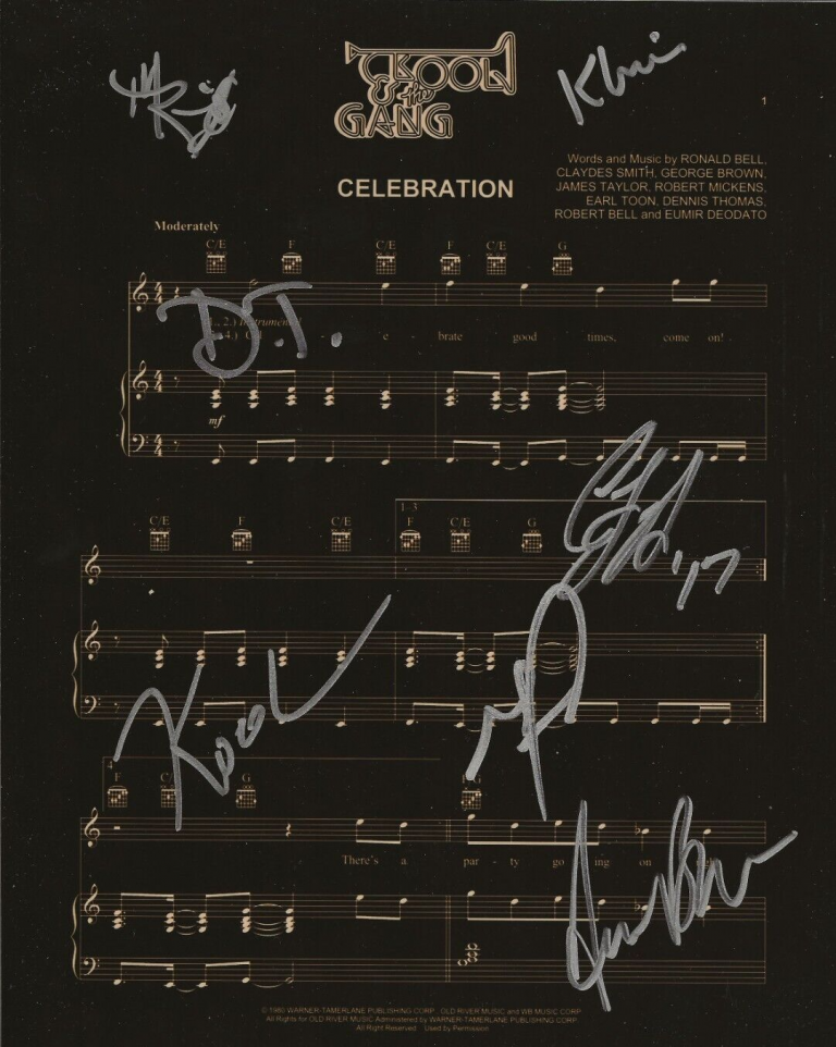 KOOL & THE GANG REAL HAND SIGNED CELEBRATION SHEET MUSIC COA AUTOGRAPHED BY 7
 COLLECTIBLE MEMORABILIA