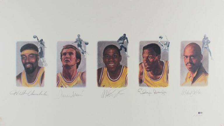 LAKERS LEGENDS (5) CHAMBERLAIN, JABBAR, JOHNSON SIGNED 22×39 LITHOGRAPH BAS
 COLLECTIBLE MEMORABILIA