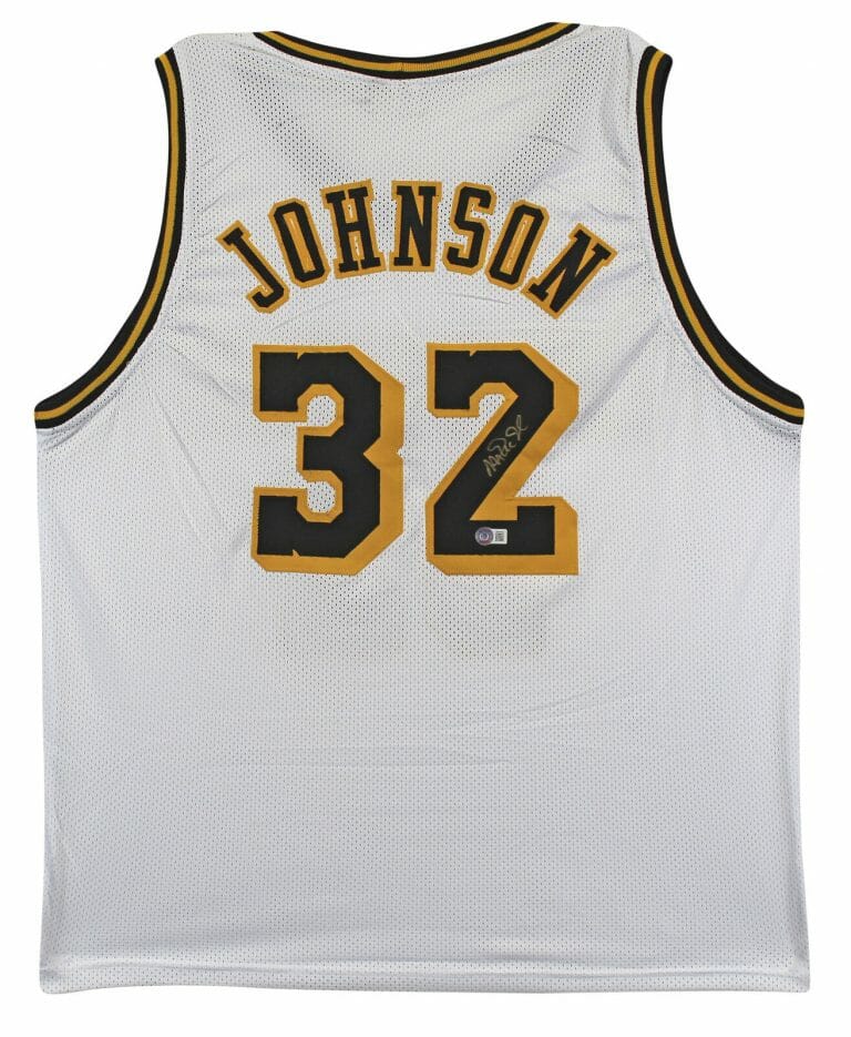 MAGIC JOHNSON AUTHENTIC SIGNED WHITE PRO STYLE JERSEY W/ BLACK #’S BAS WITNESSED
 COLLECTIBLE MEMORABILIA