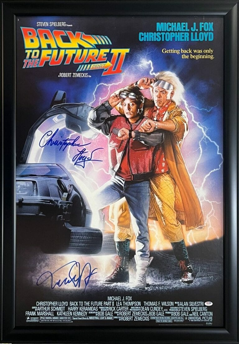MICHAEL J FOX CHRISTOPHER LLOYD SIGNED BACK TO THE FUTURE 2 FRAMED POSTER PSA
 COLLECTIBLE MEMORABILIA