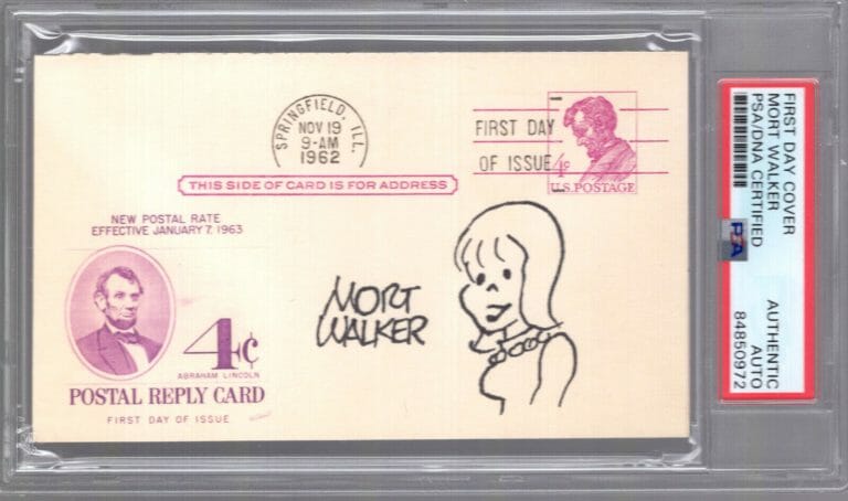 MORT WALKER SIGNED 1962 POSTAL CARD WITH MISS BUXLEY DRAWING JSA+PSA SLABBED
 COLLECTIBLE MEMORABILIA