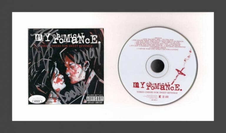 MY CHEMICAL ROMANCE SIGNED AUTOGRAPH FRAMED CD THREE CHEERS SWEET REVENGE JSA
 COLLECTIBLE MEMORABILIA
