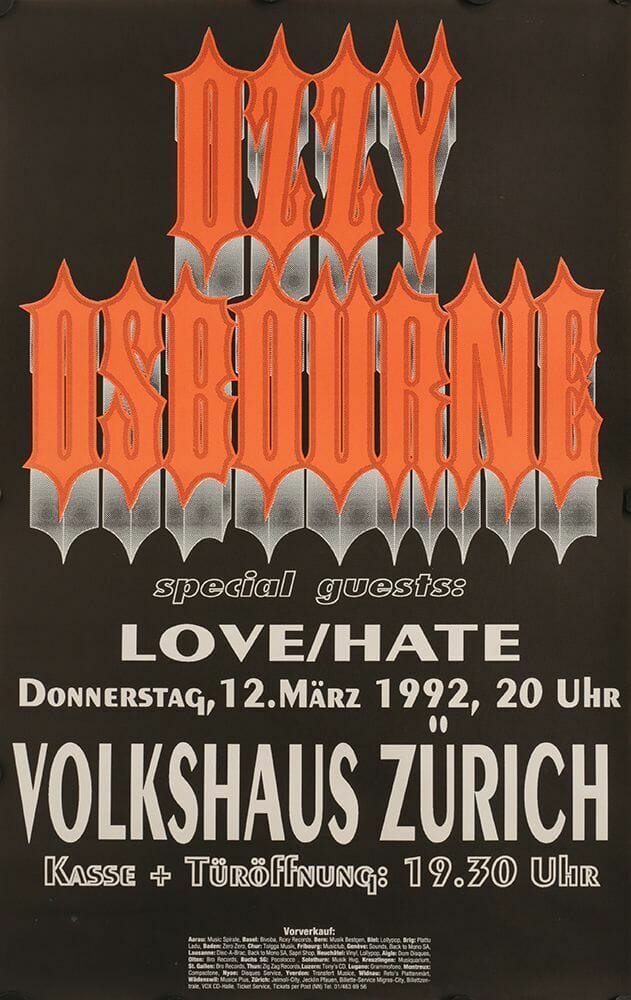 OZZY OSBOURNE RARE ORIGINAL 17×27 3-12-92 ZURICH CONCERT TOUR POSTER
 COLLECTIBLE MEMORABILIA