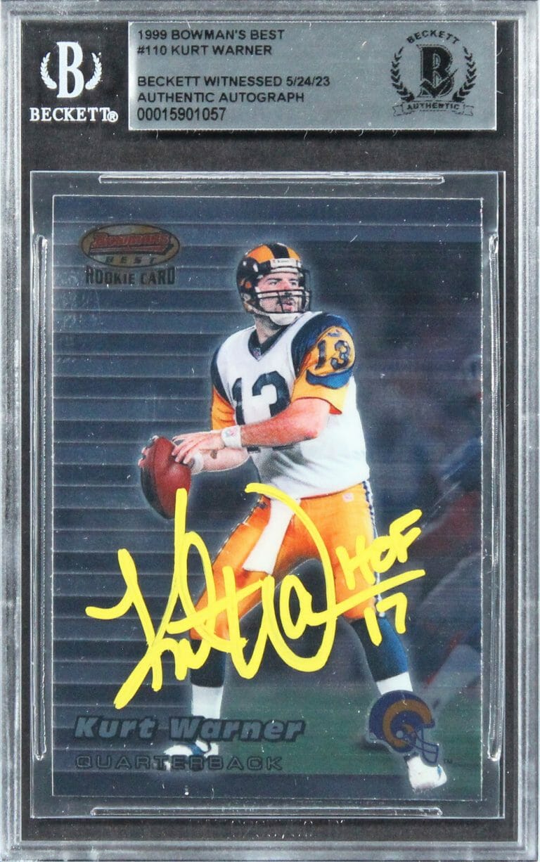 RAMS KURT WARNER “HOF 17” SIGNED 1999 BOWMAN’S BEST #110 ROOKIE CARD BAS SLABBED
COLLECTIBLE MEMORABILIA