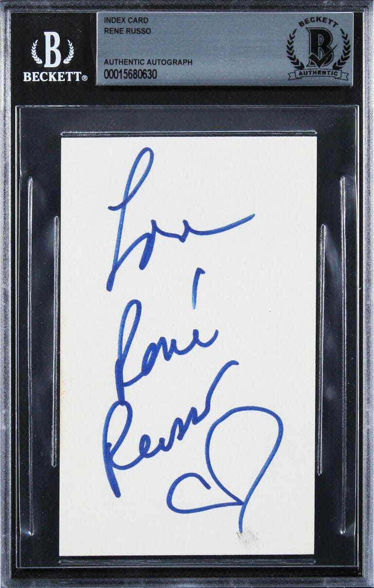 RENE RUSSO THE THOMAS CROWN AFFAIR “LOVE” SIGNED 3×5 INDEX CARD BAS SLABBED
 COLLECTIBLE MEMORABILIA