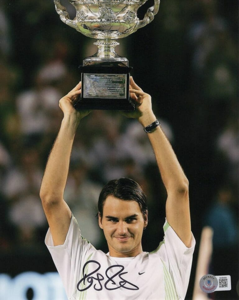 ROGER FEDERER SIGNED AUTOGRAPH 8×10 PHOTO – HOLDING CHAMPION TROPHY BECKETT COA
 COLLECTIBLE MEMORABILIA