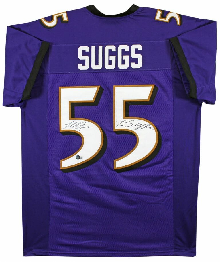 TERRELL SUGGS “T-SIZZLE” AUTHENTIC SIGNED PURPLE PRO STYLE JERSEY BAS WITNESSED
 COLLECTIBLE MEMORABILIA
