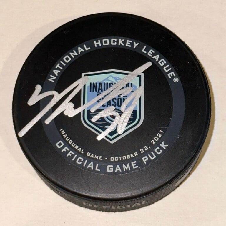 YANNI GOURDE SIGNED SEATTLE KRAKEN OFFICIAL INAUGURAL GAME PUCK BECKETT AUTH BAS
 COLLECTIBLE MEMORABILIA