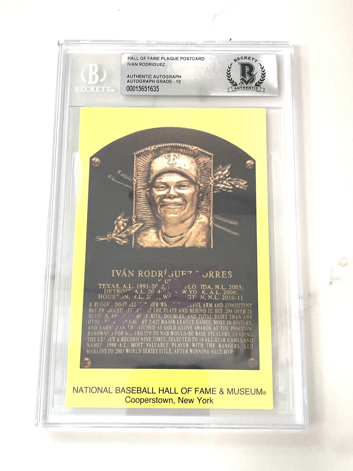 Ivan Rodriguez Signed HOF Plaque Texas Rangers Beckett Slabbed BAS #4
