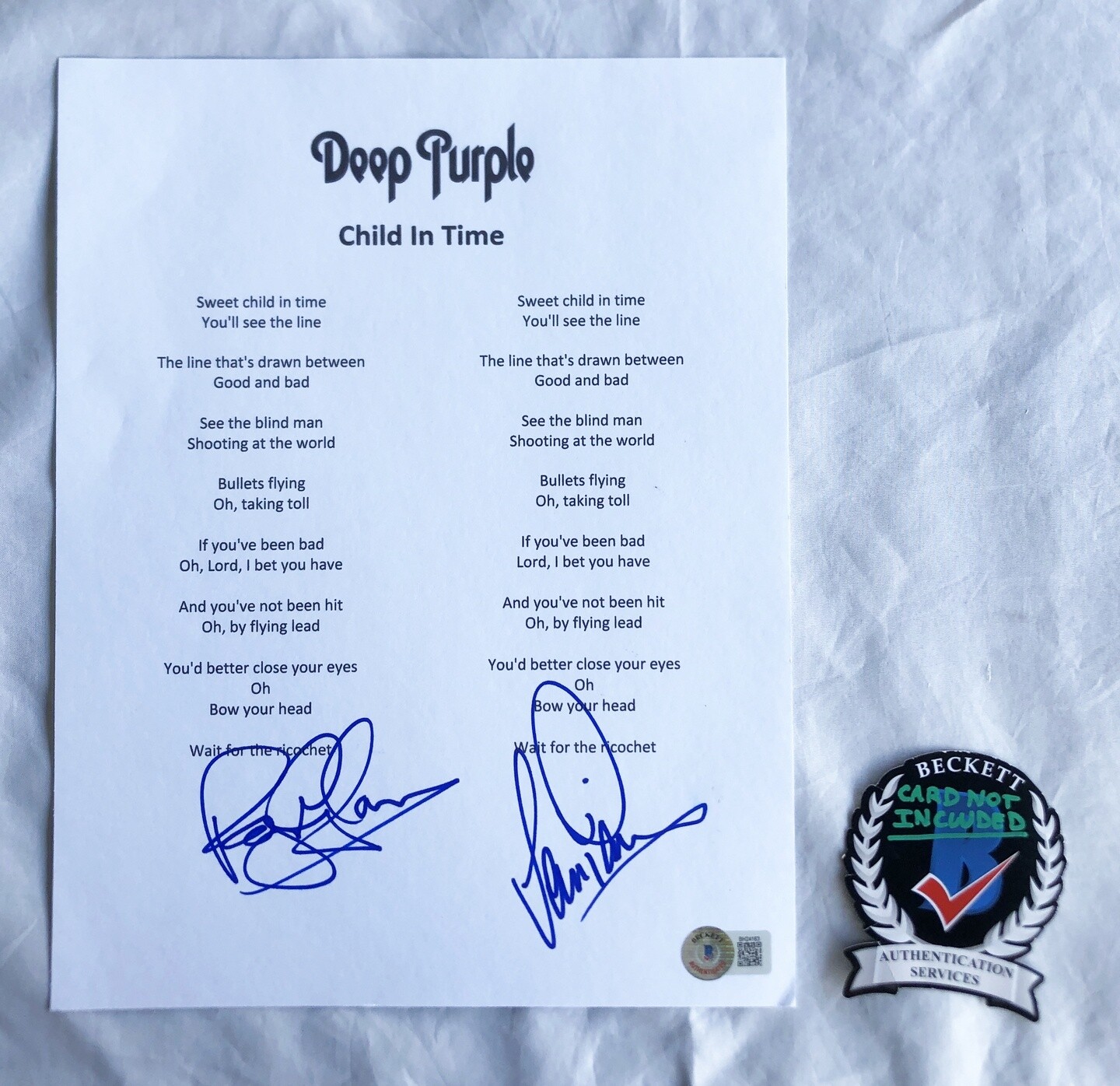 Roger Glover and Ian Paice Signed Lyric Sheet Deep Purple Beckett BAS 1 COA
