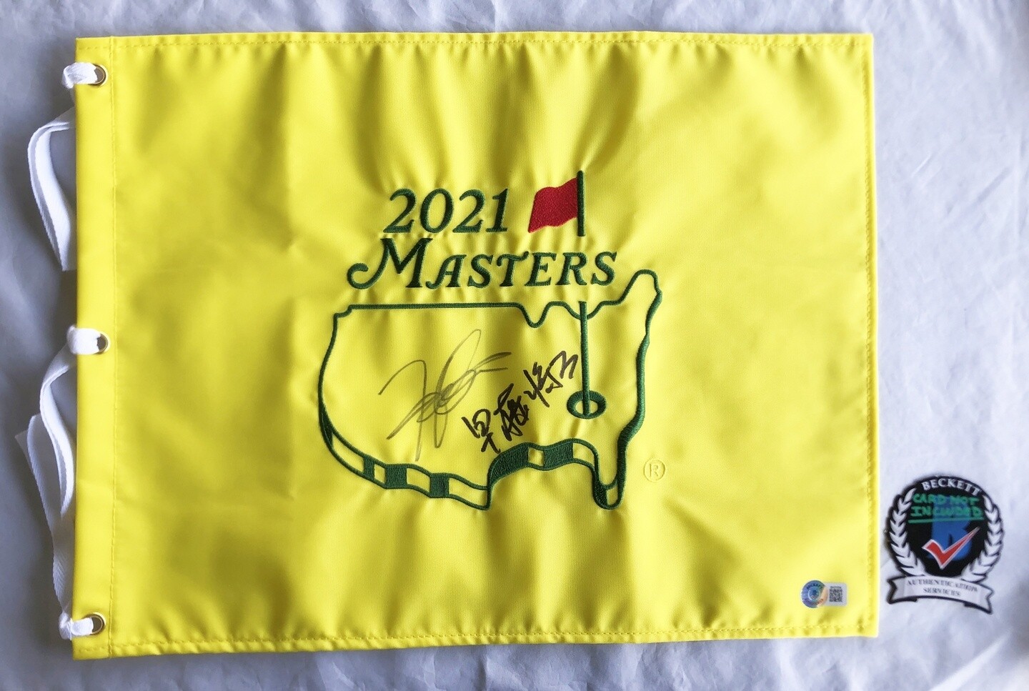 Hideki Matsuyama and Shota Hayafuji Signed Masters Flag 2021 Champion Beckett...
