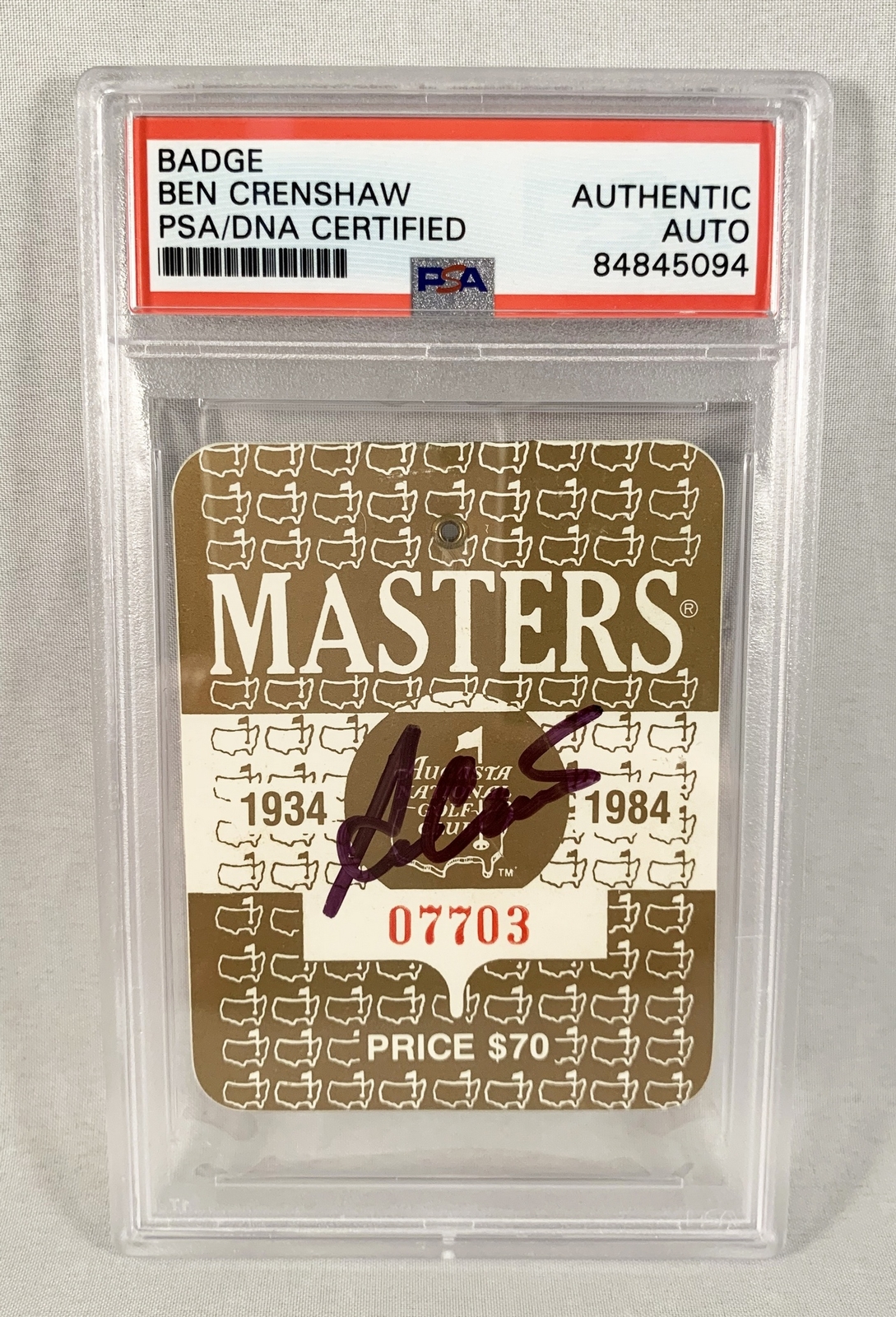 Ben Crenshaw Signed Masters Badge 1984 PSA/DNA COA
