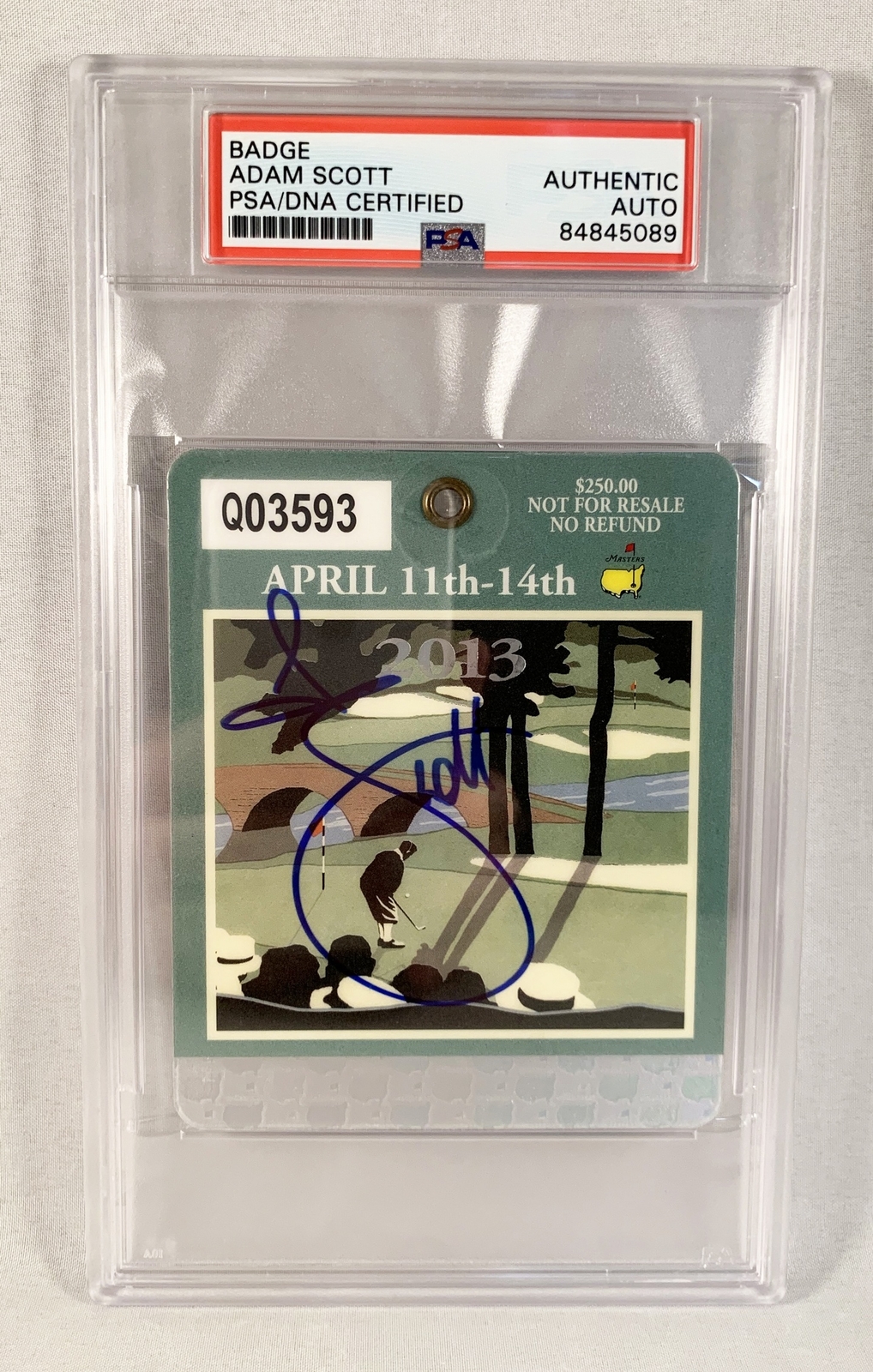 Adam Scott Signed Masters Badge 2013 PSA/DNA COA
