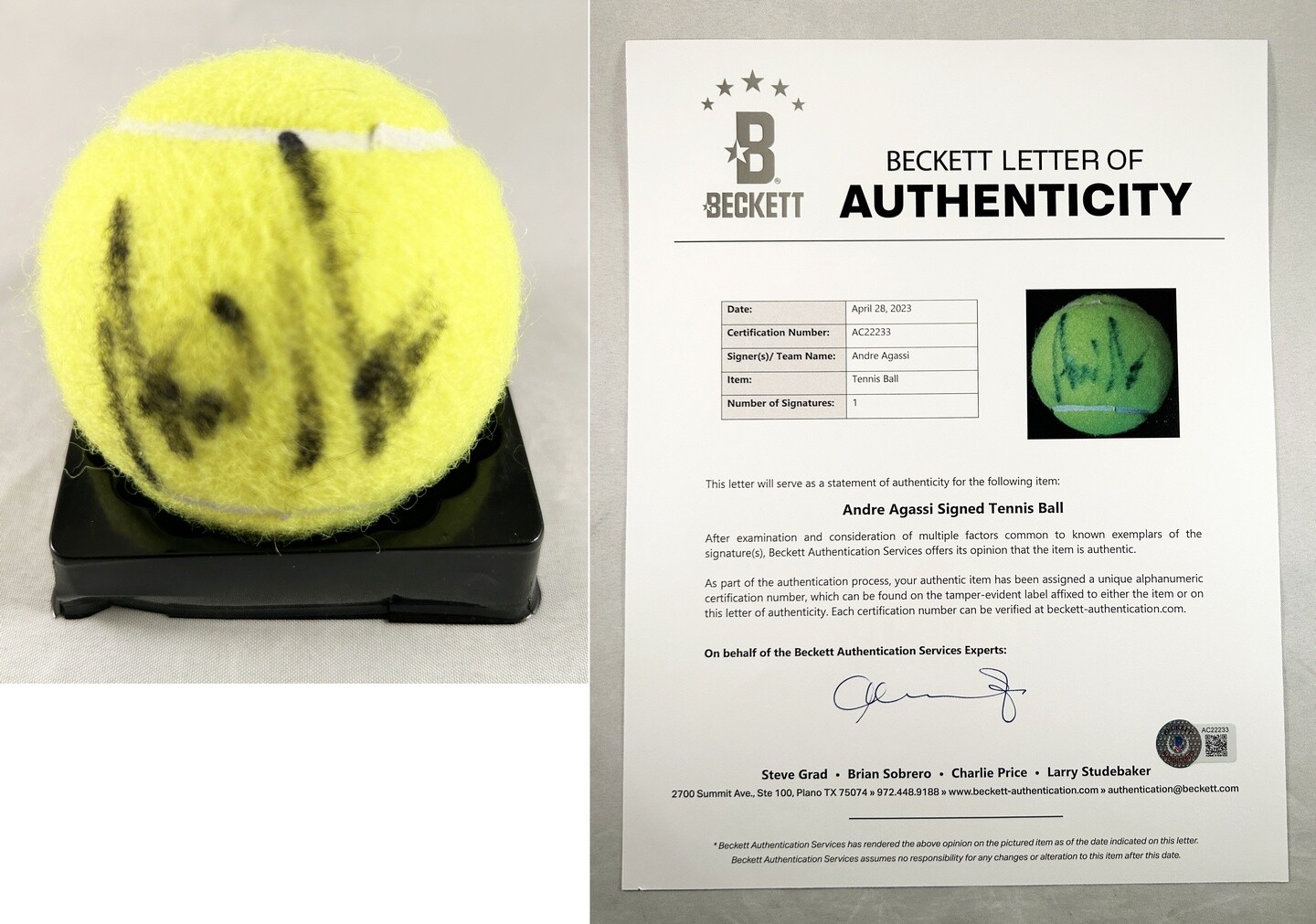 Andre Agassi Signed Tennis Ball Beckett BAS 4 COA
