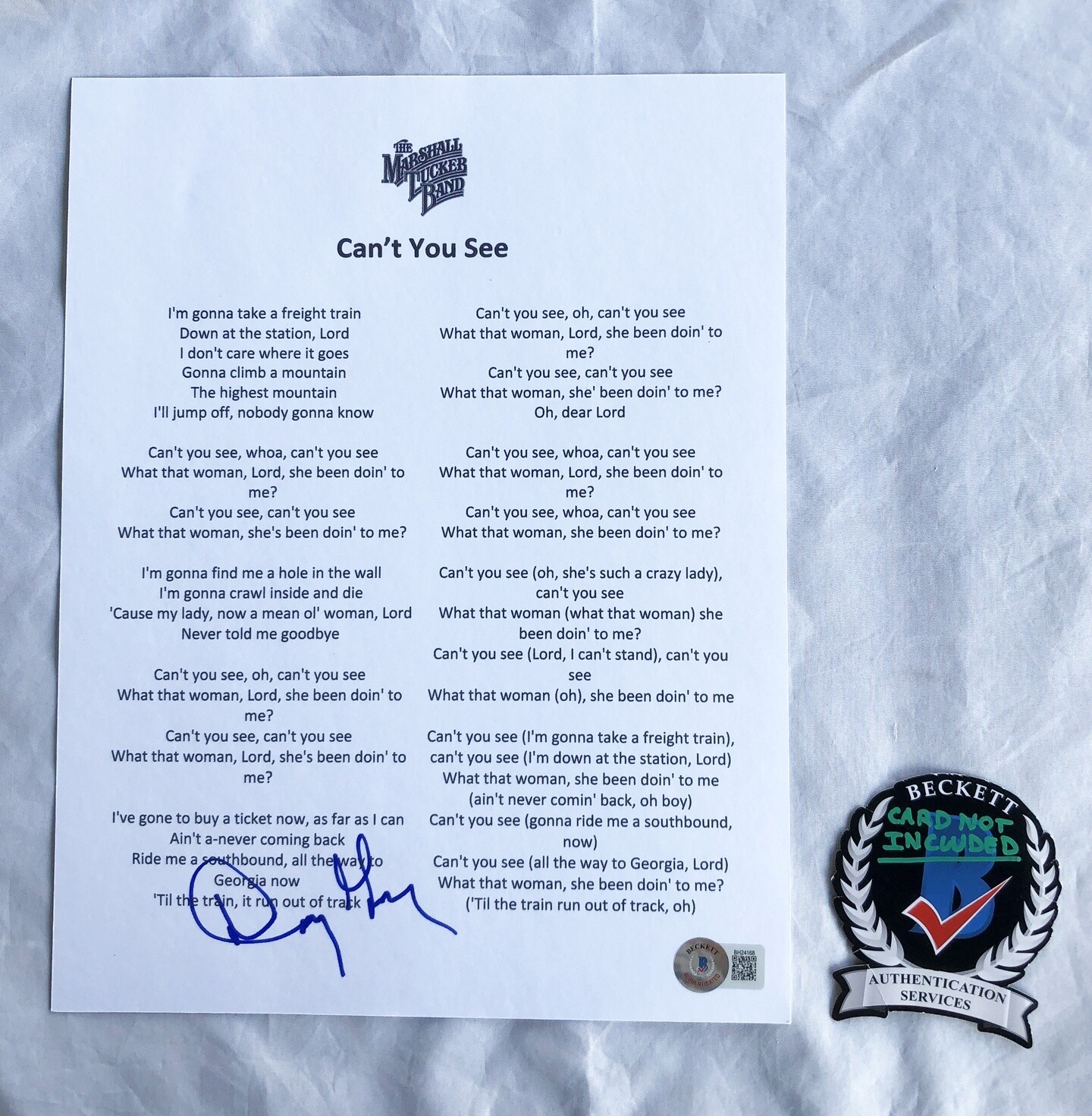 Doug Gray Signed Lyric Sheet The Marshall Tucker Band Beckett BAS 1 COA
