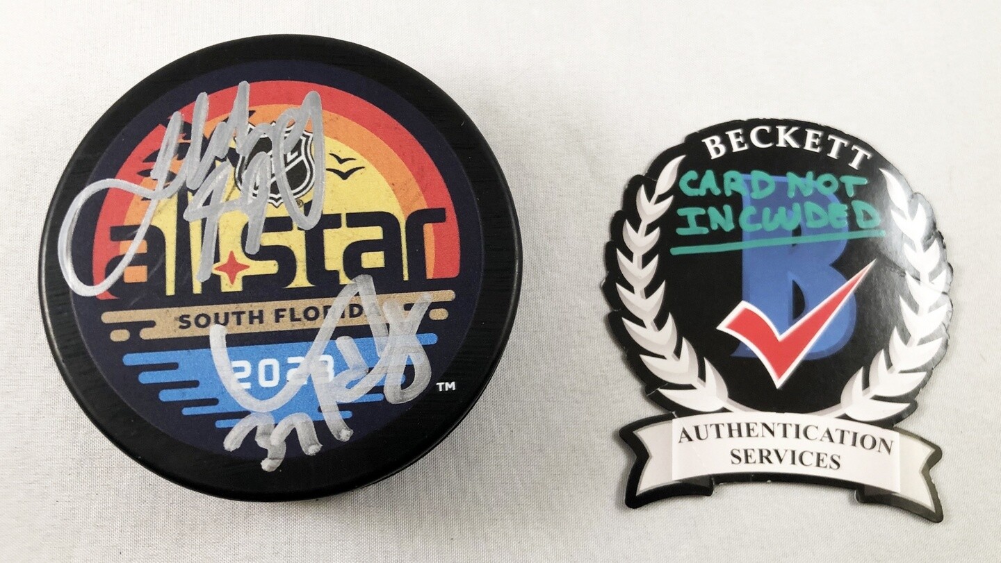 Josh Morrissey and Connor Hellebuyck Signed 2023 All Star Hockey Puck Winnipe...
