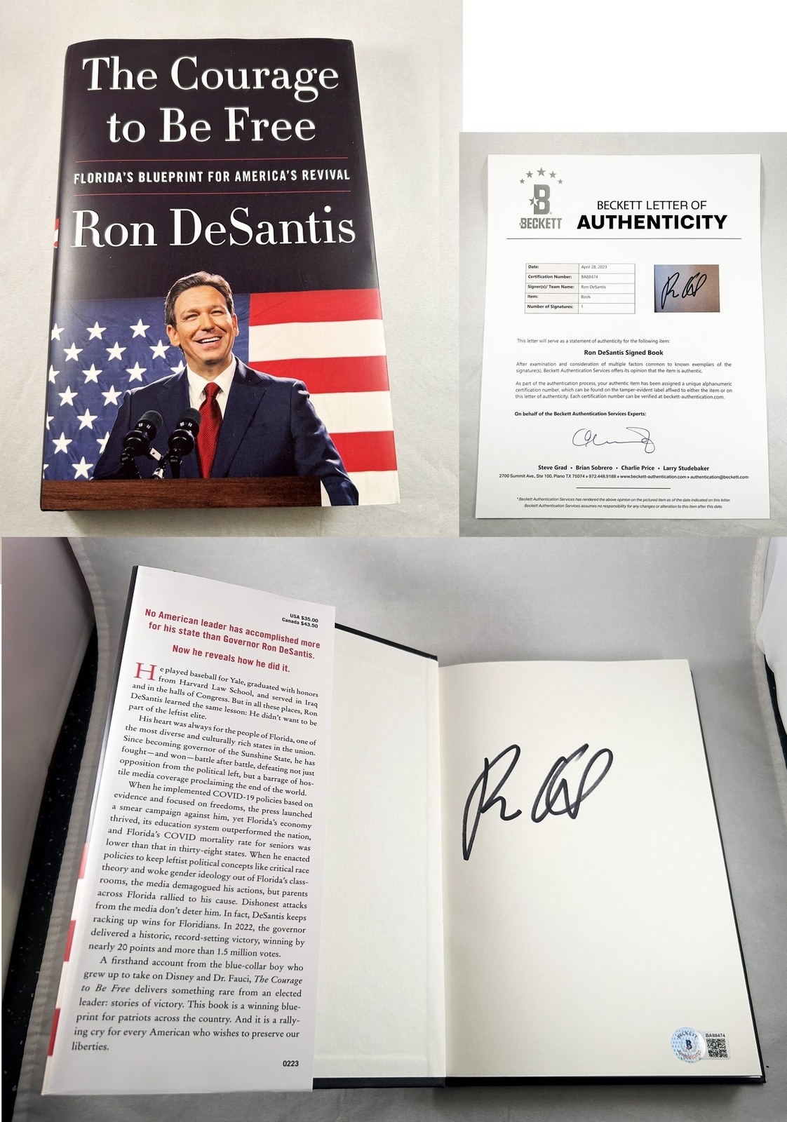 Ron Desantis Signed Book The Courage to Be Free Beckett BAS COA
