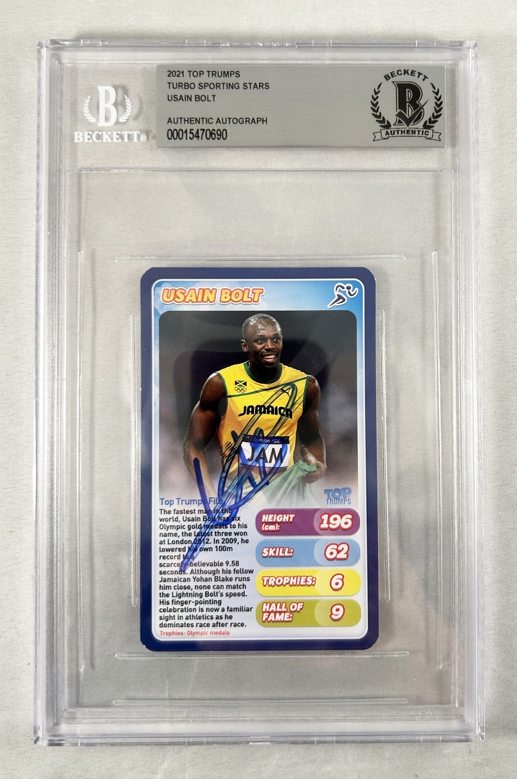 USAIN BOLT SIGNED TRADING CARD FASTEST MAN ON EARTH BECKETT BAS 3 COA COLLECTIBLE MEMORABILIA