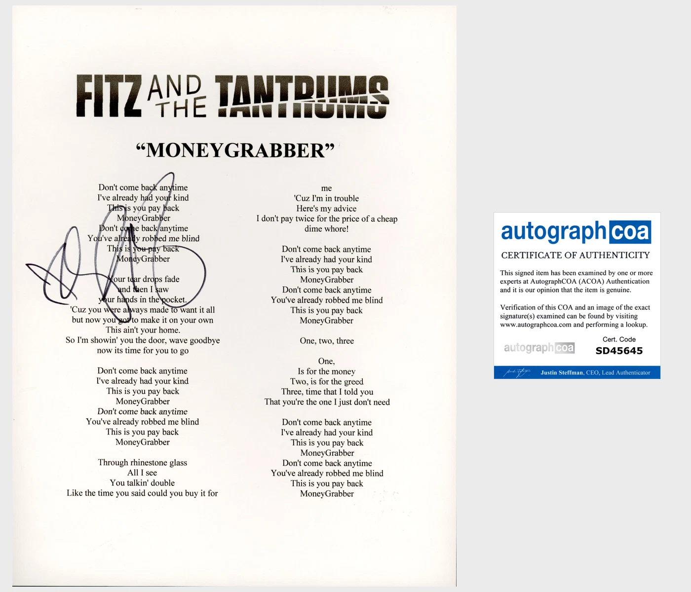 FITZ AND & THE TANTRUMS SIGNED AUTOGRAPH MONEYGRABBER LYRIC SHEET B w/PROOF
