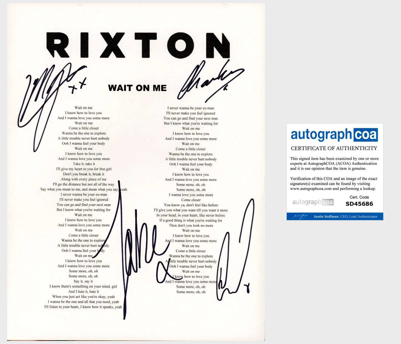 RIXTON BAND SIGNED AUTOGRAPH WAIT ON ME LYRIC SHEET B w/EXACT VIDEO PROOF LYRICS
