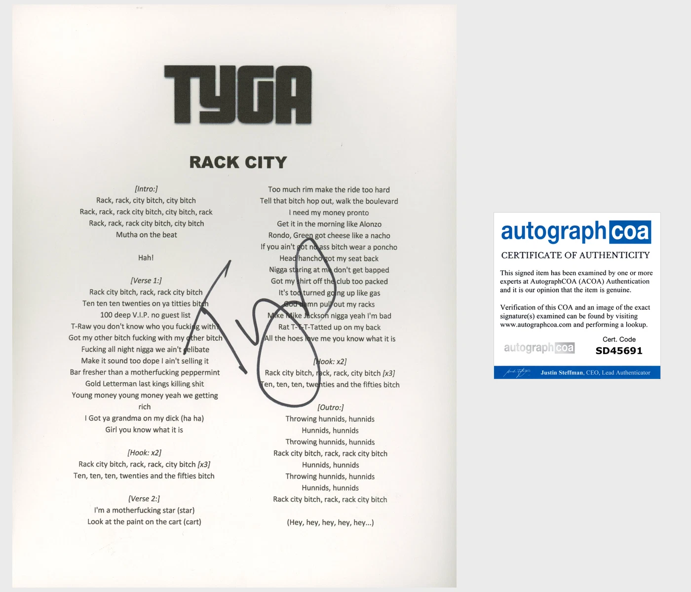 TYGA SIGNED AUTOGRAPH RACK CITY LYRIC LYRICS SHEET YOUNG CASH MONEY Y.M.C.M.B.
