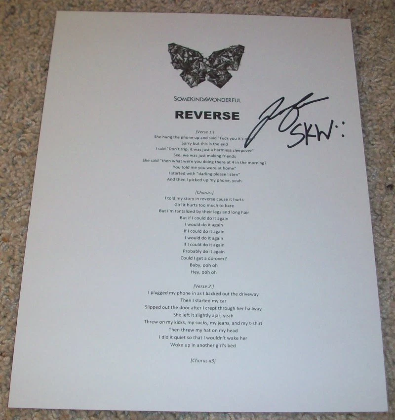 JORDY TOWERS SIGNED AUTOGRAPH SOMEKINDAWONDERFUL REVERSE LYRICS SHEET w/PROOF
