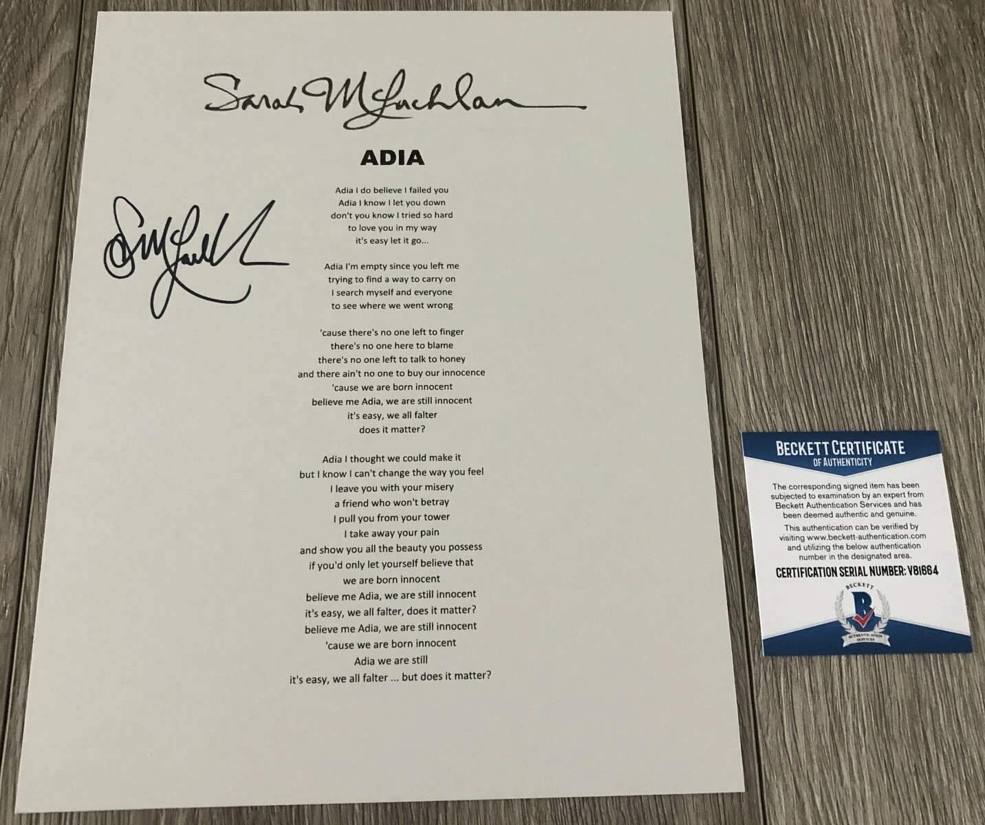 SARAH MCLACHLAN SIGNED AUTOGRAPH ADIA LYRIC SHEET w/EXACT PROOF BECKETT BAS COA
