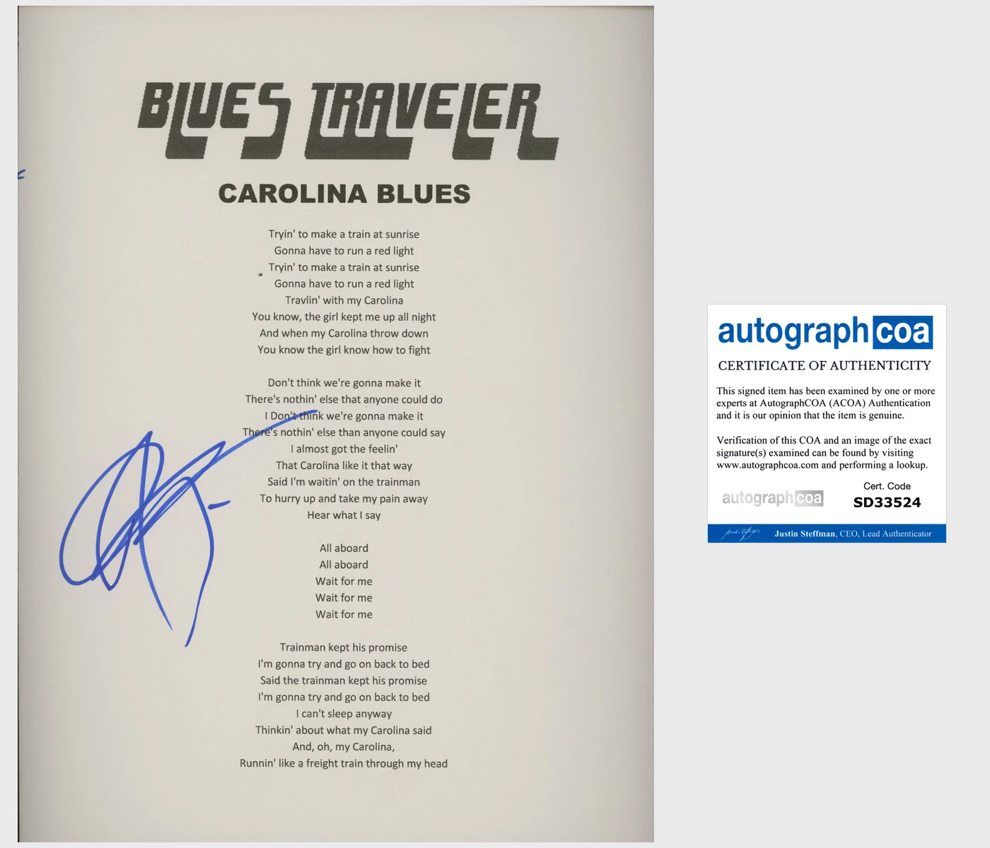 JOHN POPPER SIGNED BLUES TRAVELER CAROLINA BLUES LYRIC SHEET w/EXACT VIDEO PROOF
