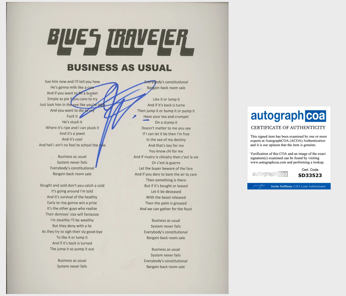 JOHN POPPER SIGNED BLUES TRAVELER BUSINESS AS USUAL LYRIC SHEET w/EXACT PROOF
