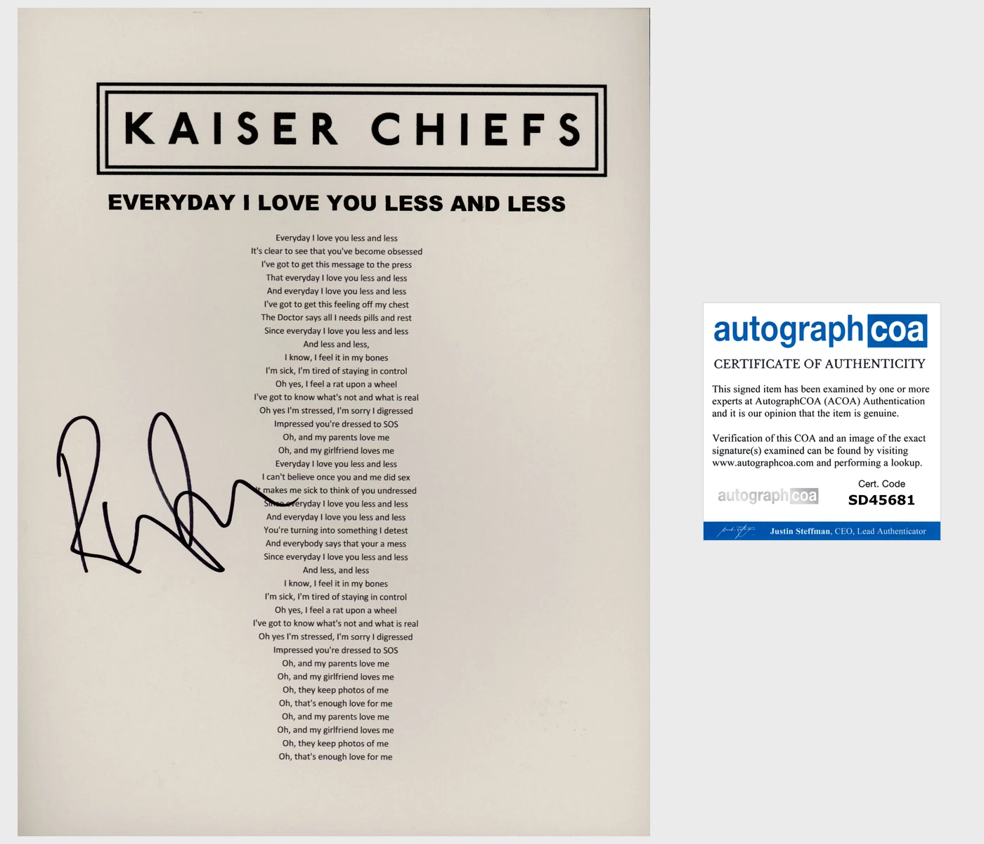 RICKY WILSON SIGNED KAISER CHIEFS EVERYDAY I LOVE YOU LESS LYRIC SHEET w/PROOF
