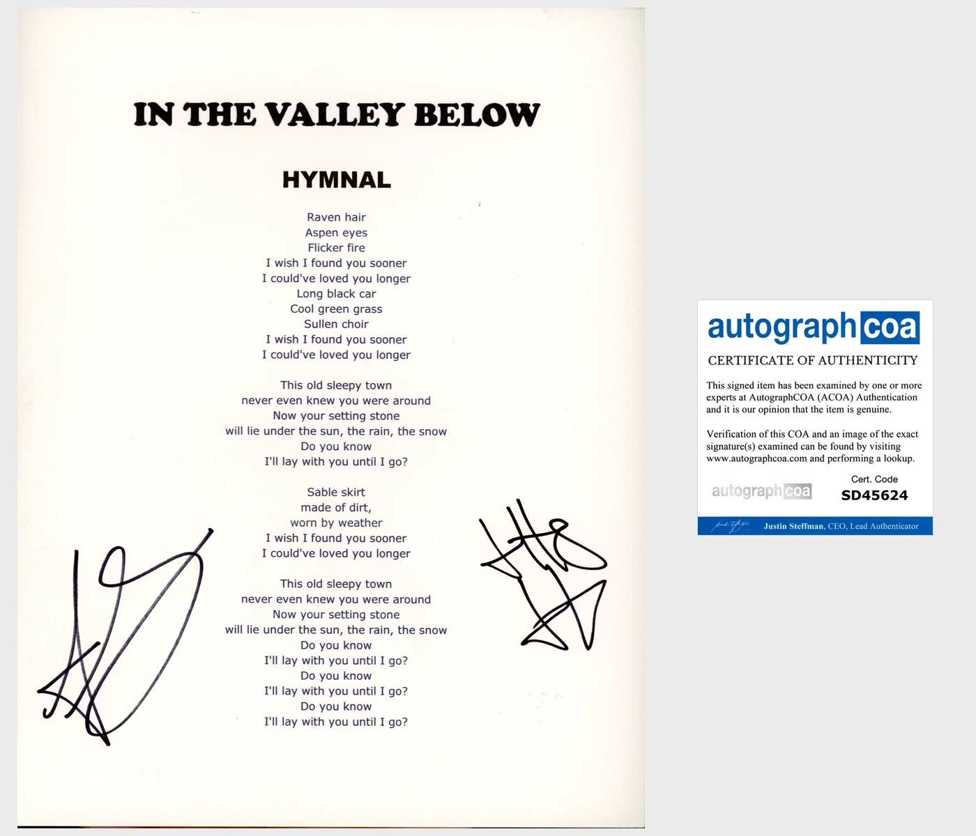 IN THE VALLEY BELOW BAND SIGNED AUTOGRAPH HYMNAL LYRICS SHEET w/PROOF
