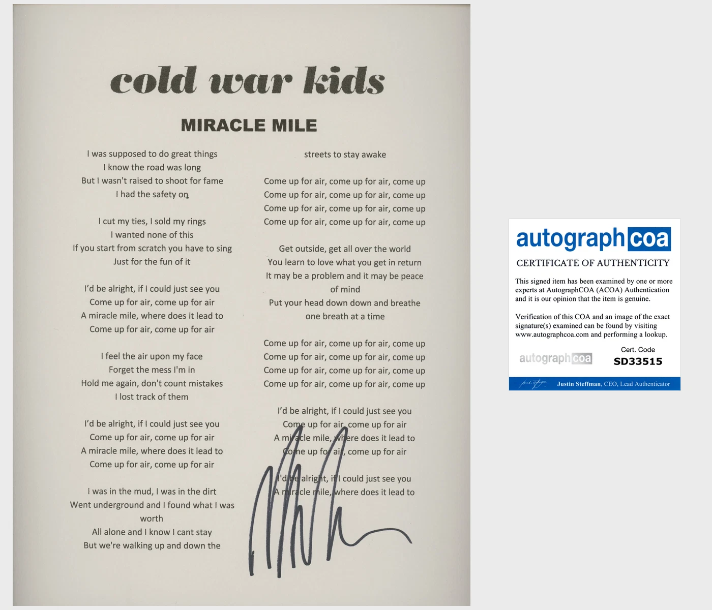 NATHAN WILLETT SIGNED AUTOGRAPH COLD WAR KIDS MIRACLE MILE LYRICS SHEET w/PROOF
