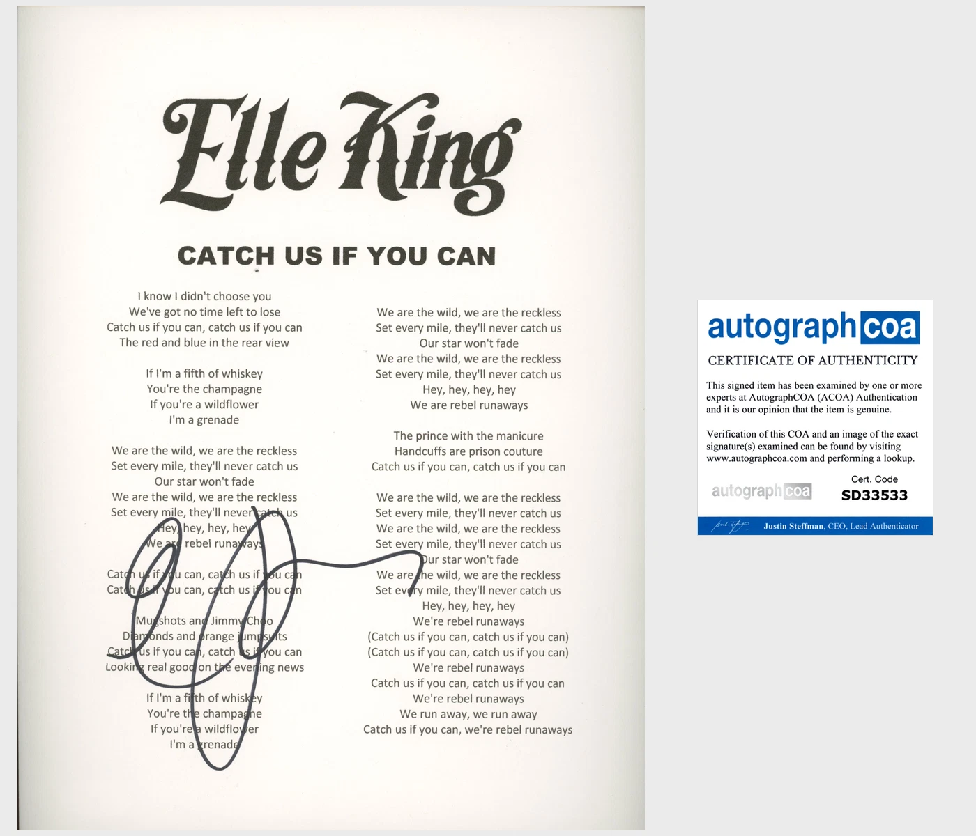 ELLE KING SIGNED AUTOGRAPH CATCH US IF YOU CAN LYRICS SHEET w/PROOF
