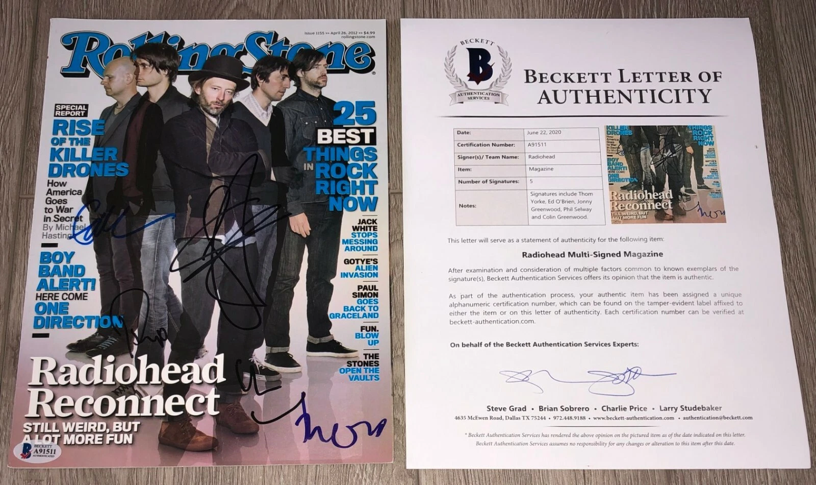 RADIOHEAD SIGNED ROLLING STONE MAG THOM YORKE +4 w/EXACT PROOF & BECKETT BAS LOA
