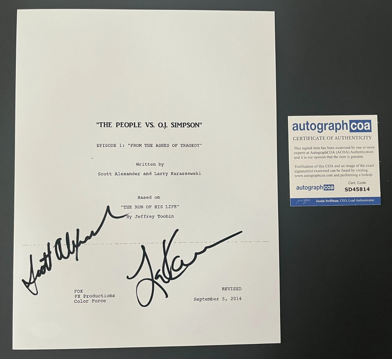 SCOTT ALEXANDER & LARRY KARASZEWSKI SIGNED THE PEOPLE VS OJ SIMPSON PILOT SCRIPT

