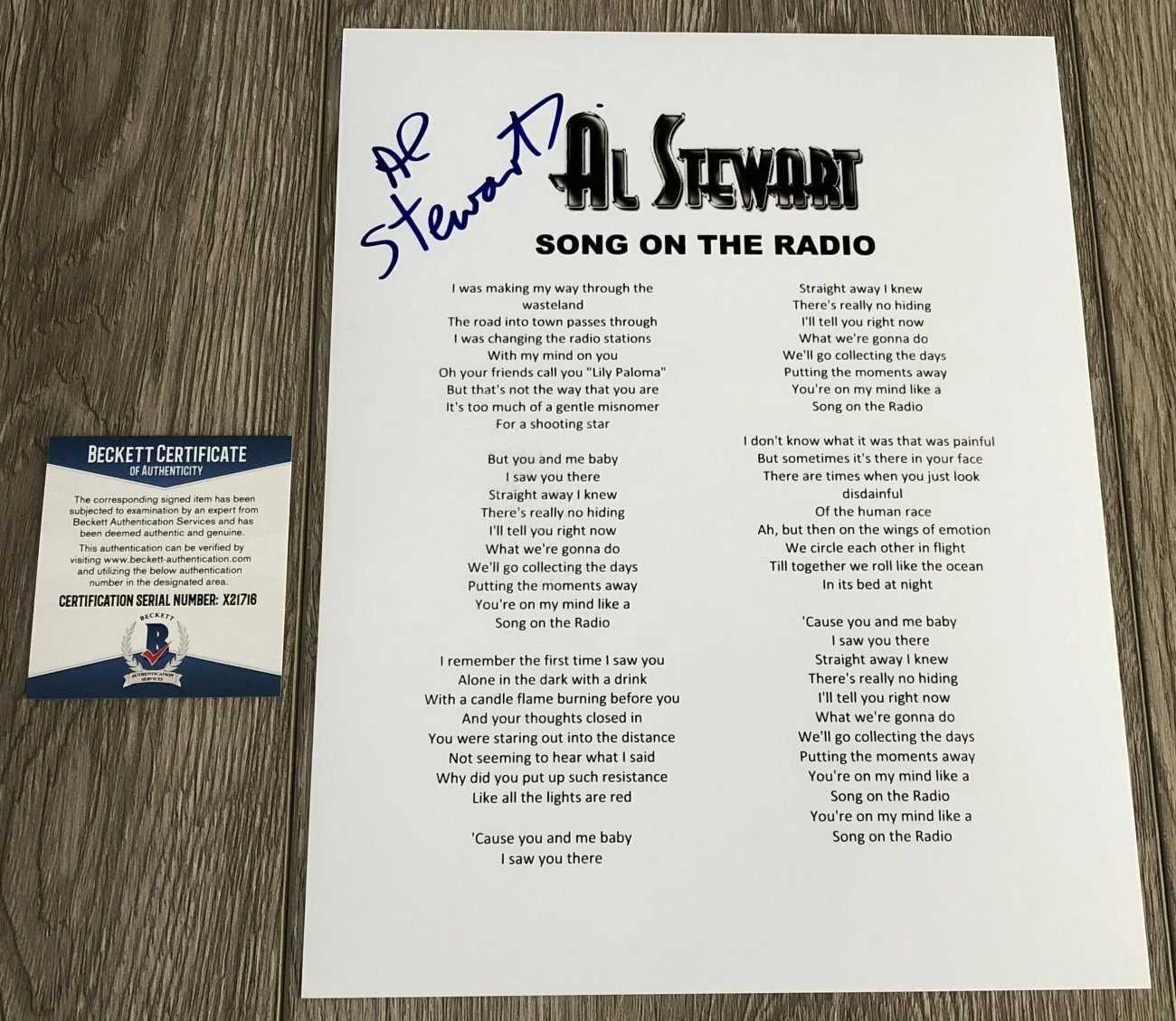 AL STEWART SIGNED AUTOGRAPH SONG ON THE RADIO LYRICS SHEET w/PROOF & BECKETT COA

