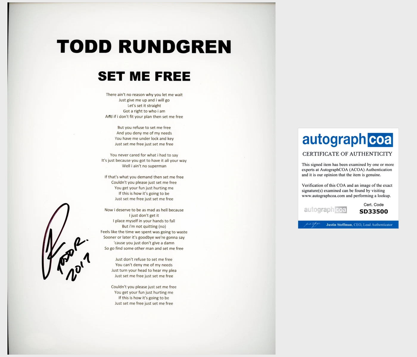 TODD RUNDGREN SIGNED AUTOGRAPH SET ME FREE LYRICS SHEET W/EXACT PROOF COLLECTIBLE MEMORABILIA